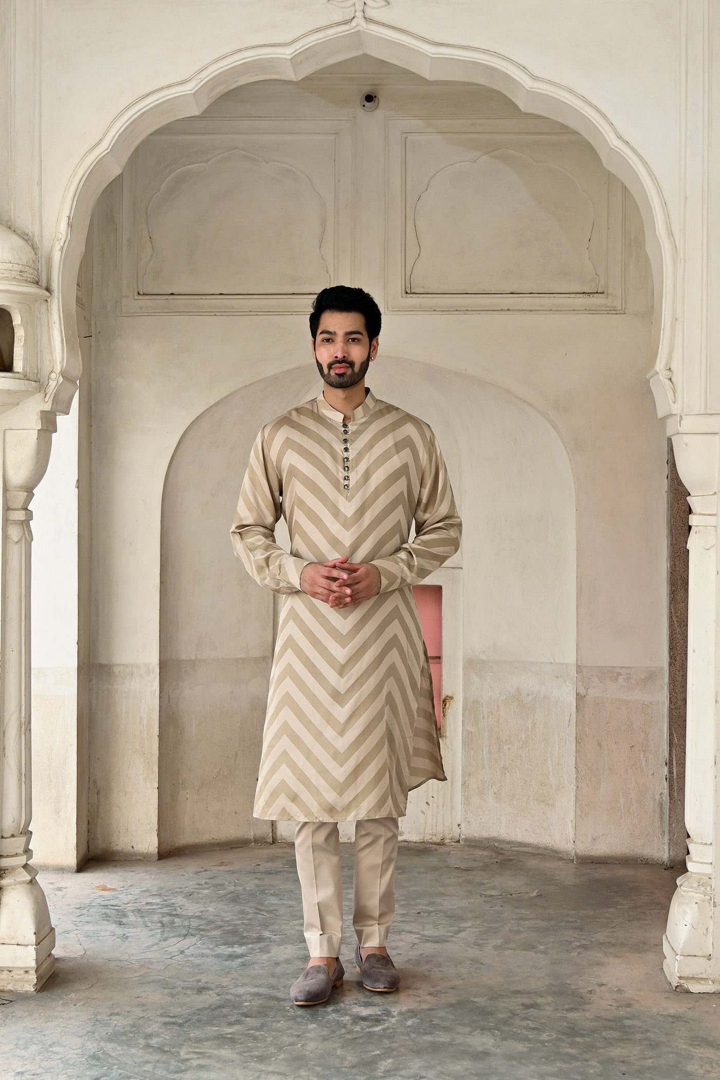 beige color wave printed silk kurta set for groom
