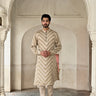 beige color wave printed silk kurta set for groom