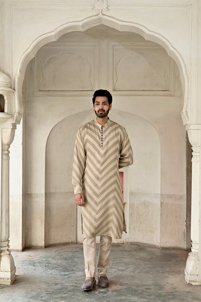 Groom's wave printed silk kurta set in beige color online