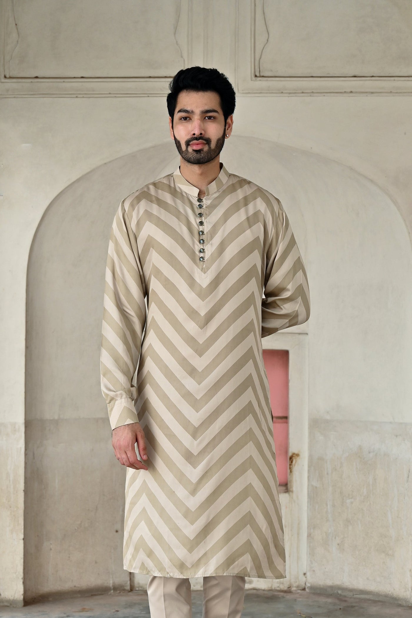 Beige wave printed silk kurta set for groom online shopping