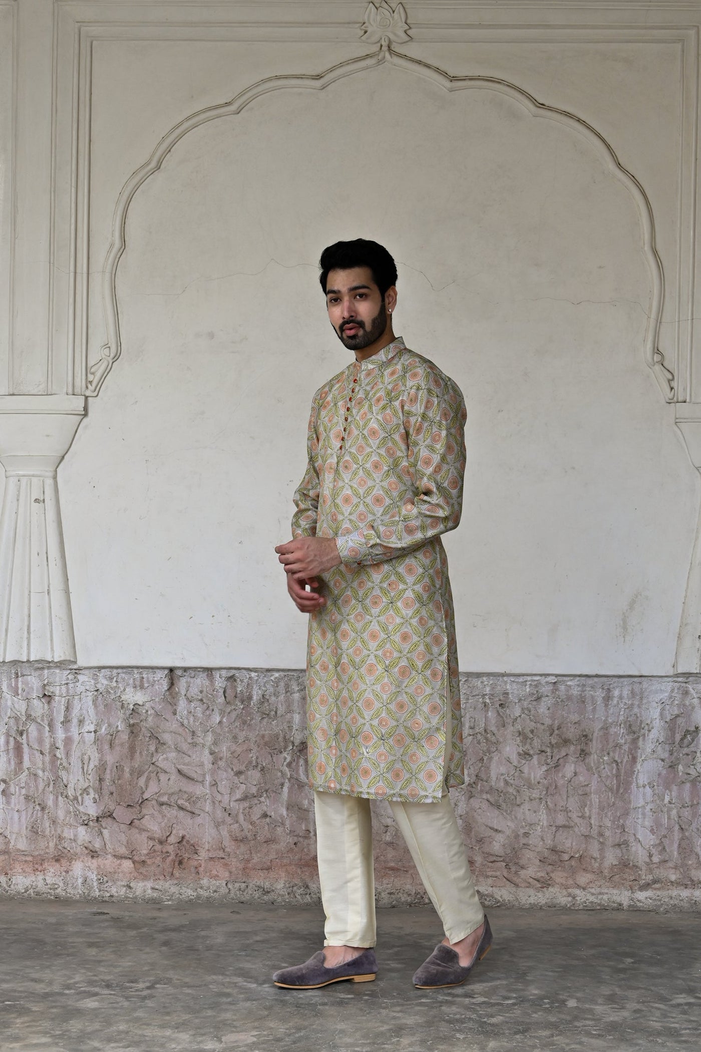 Elegant Chanderi silk grey kurta for groom