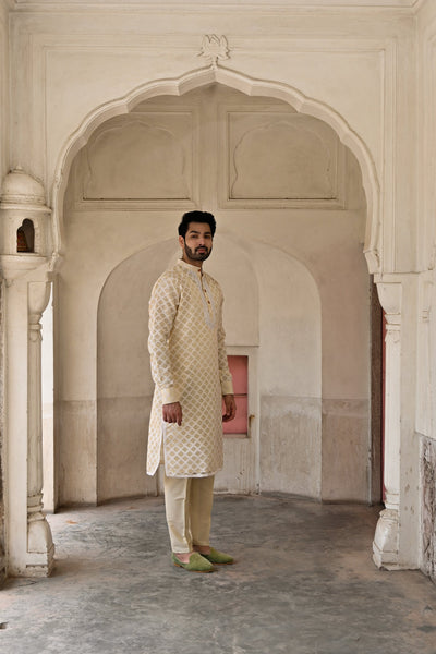 Designer kurta set with mandarin collar for men's fashion