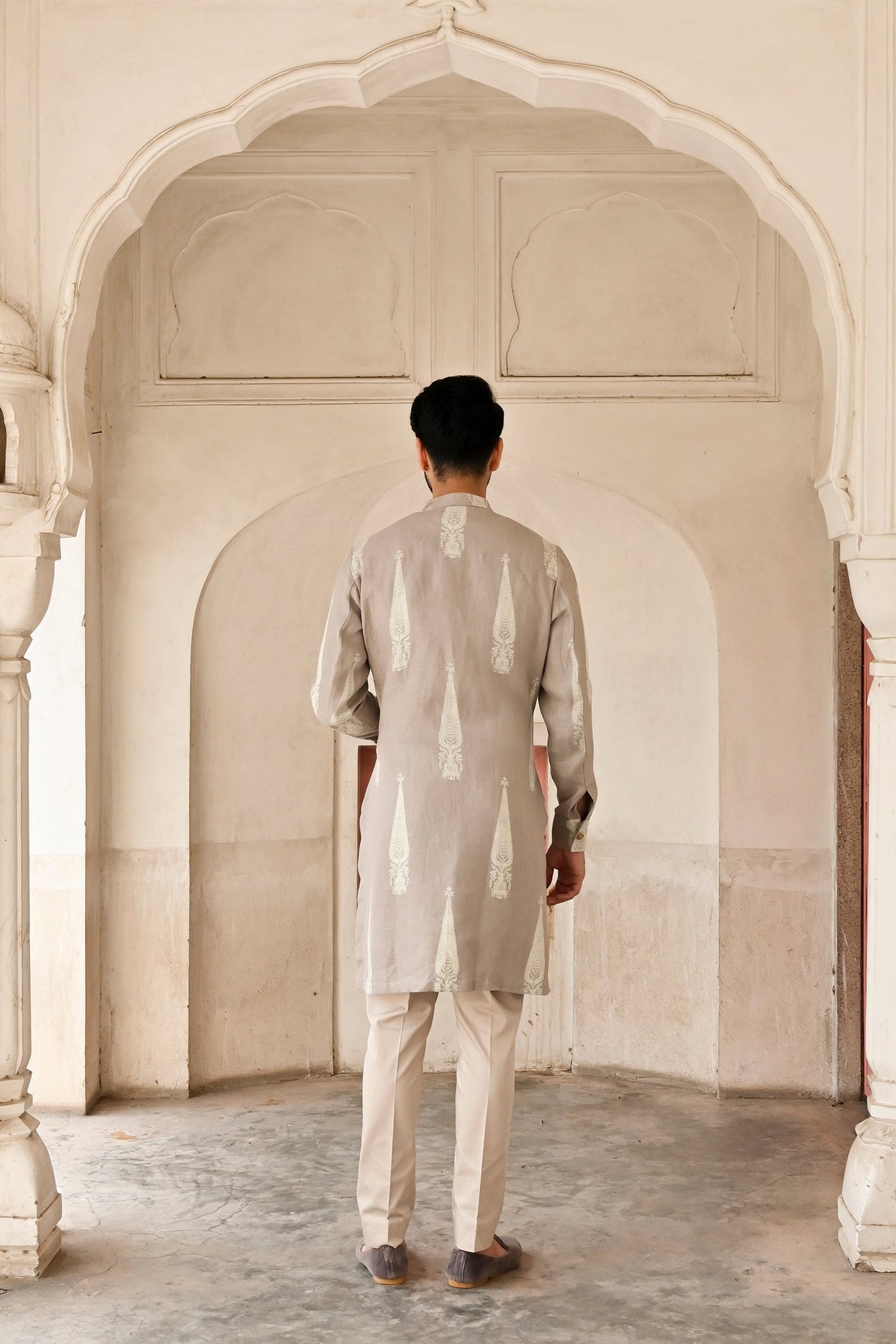 Designer kurta set in grey linen for men
