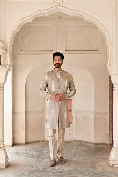 Grey designer linen kurta set for men online