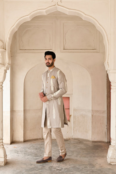 Buy men's grey designer linen kurta set online