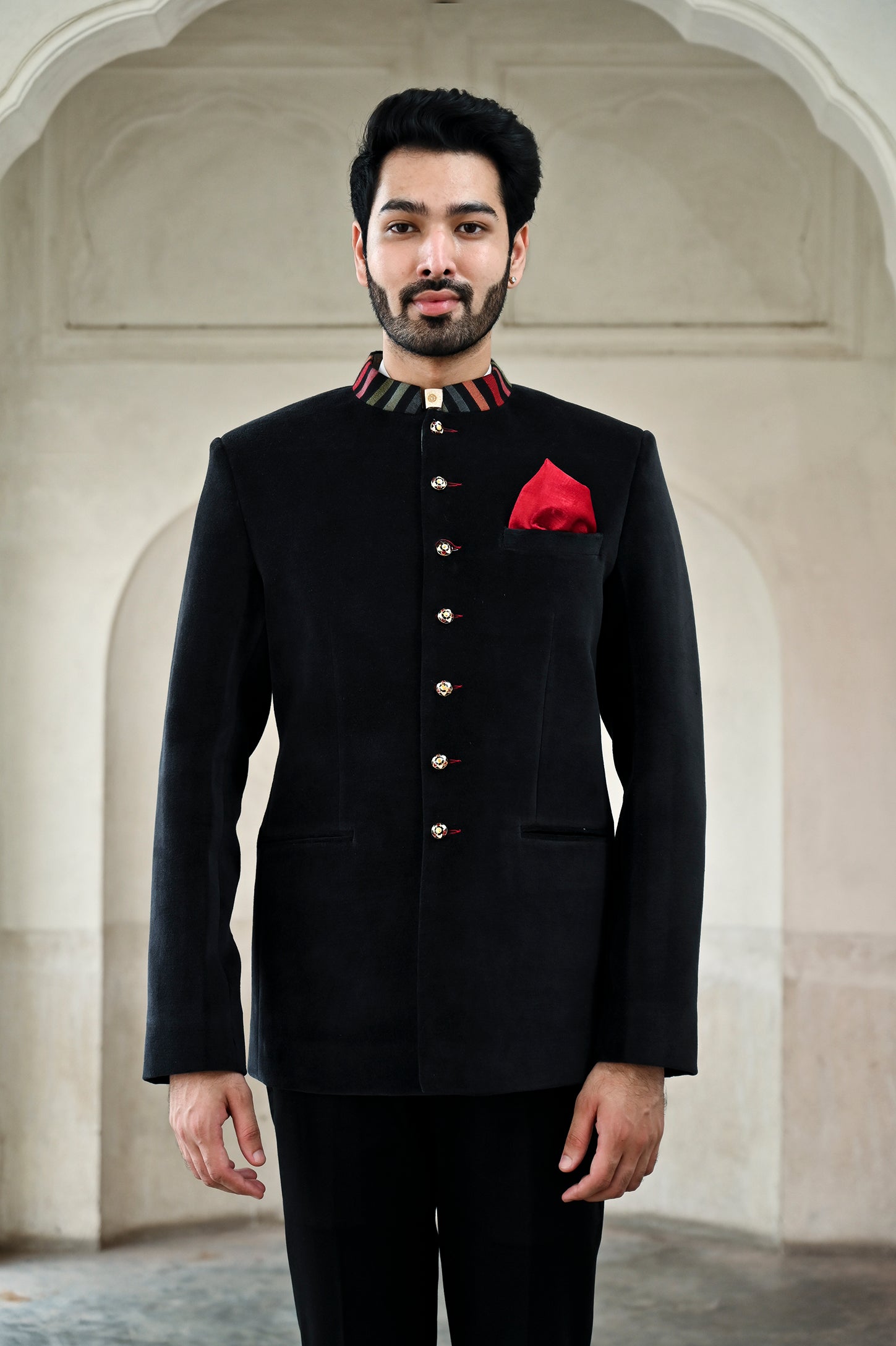 Black suede Jodhpuri suit for men online