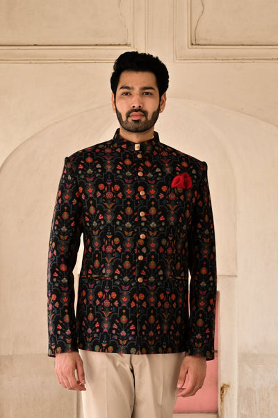 Men's pashmina wool Bandhgala suit in black online 2023