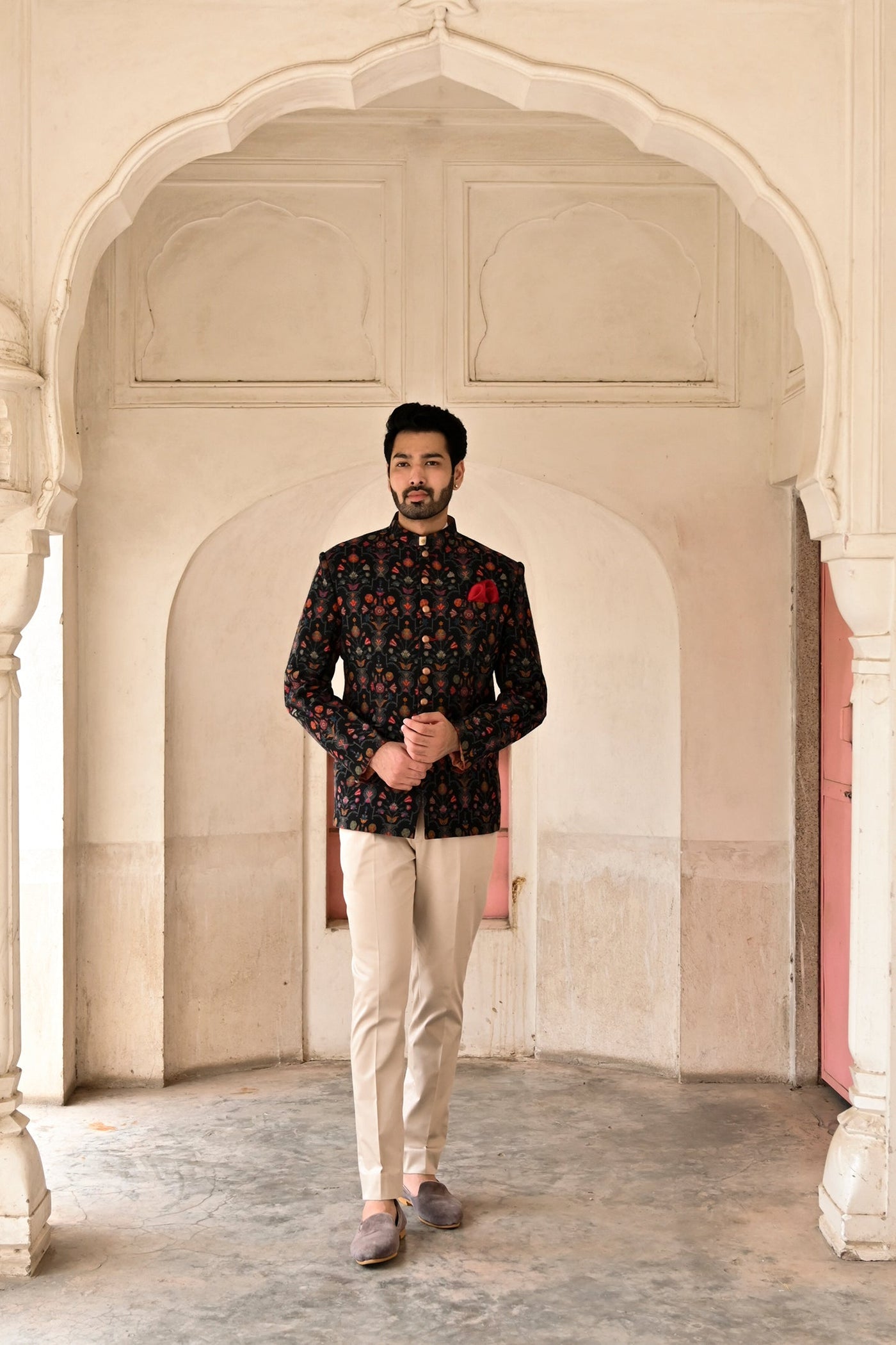 Black Bandhgala suit in pashmina wool for men online