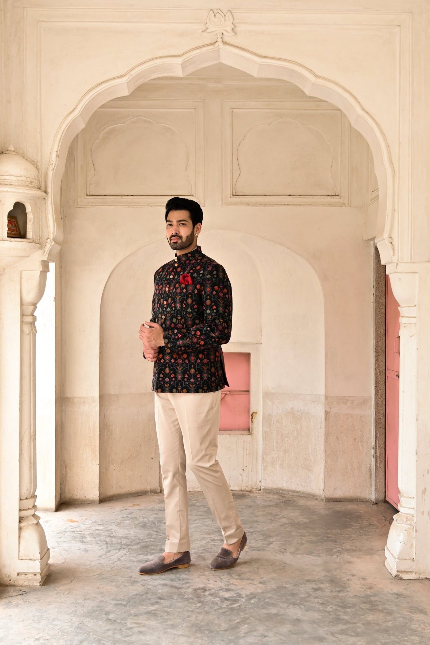 Buy black pashmina wool bandhgala suit for men online