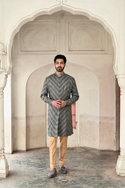 grey linen men's kurta set for wedding online