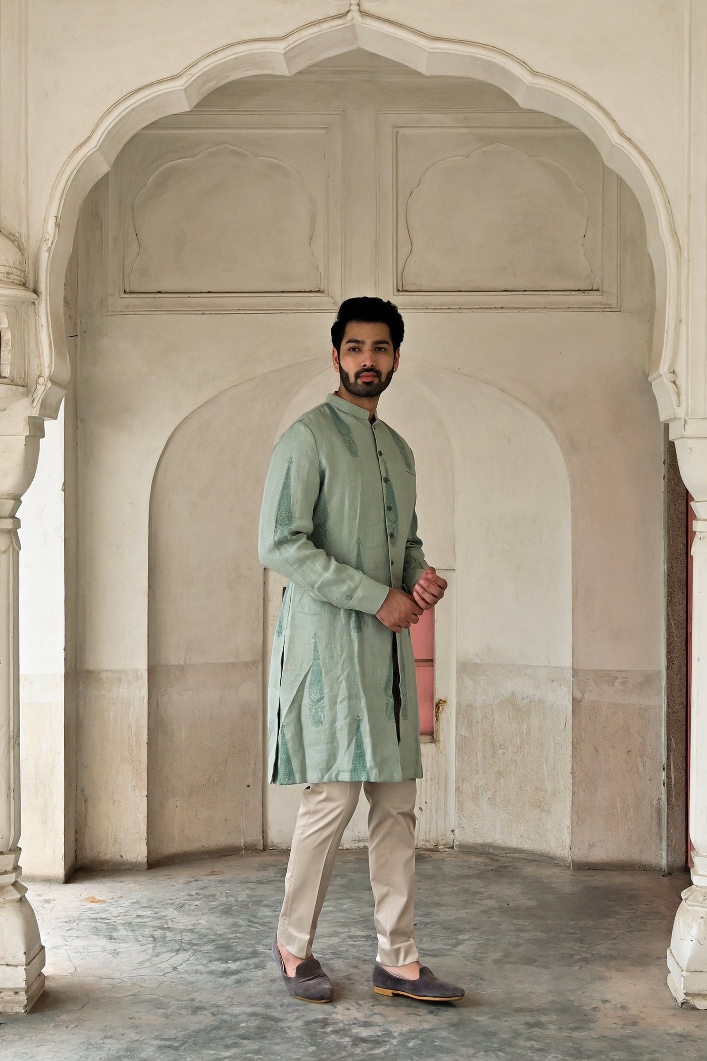 Designer mint green kurta set for men with Meenakari button online