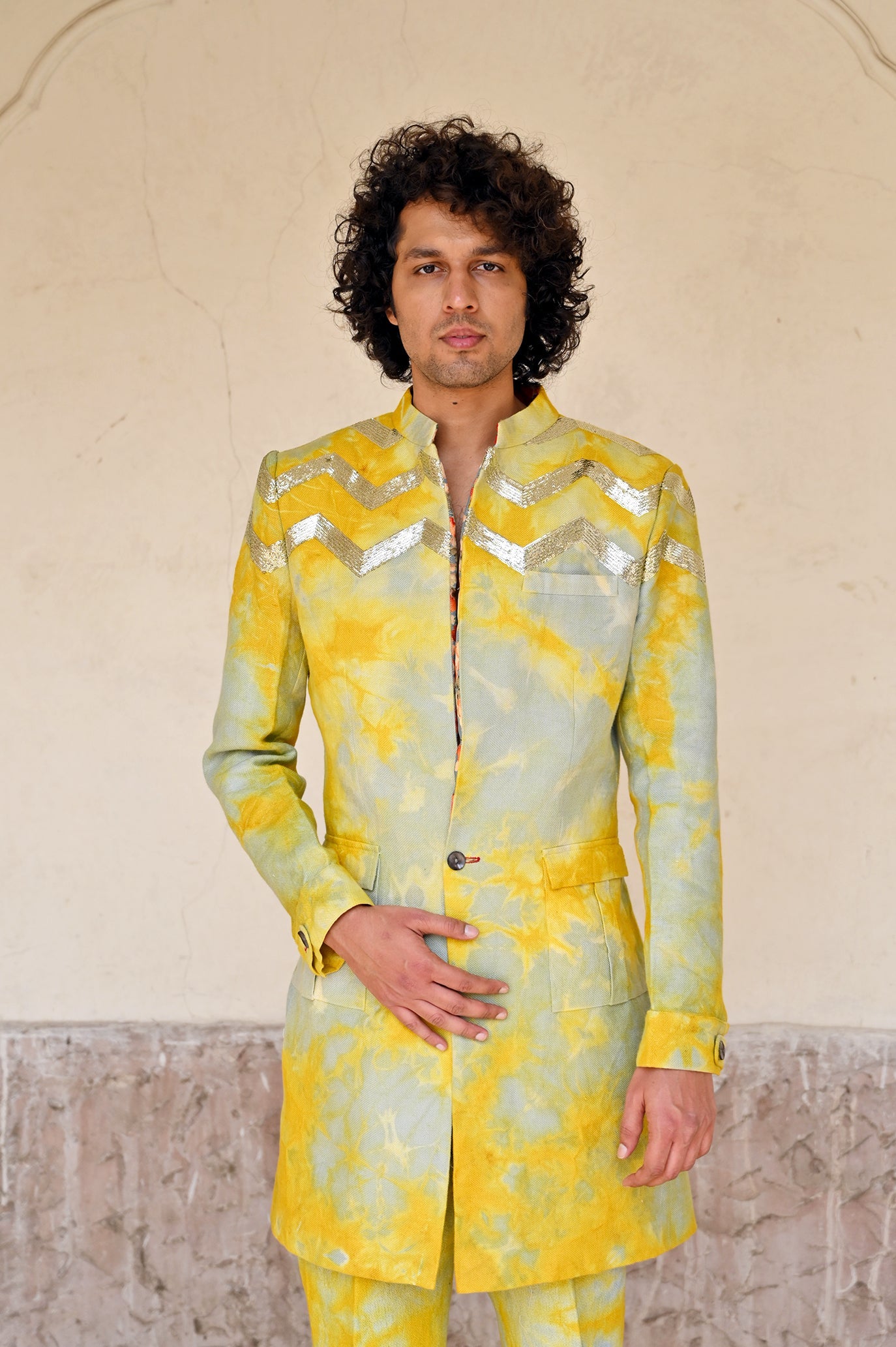 Yellow linen coat set for men online