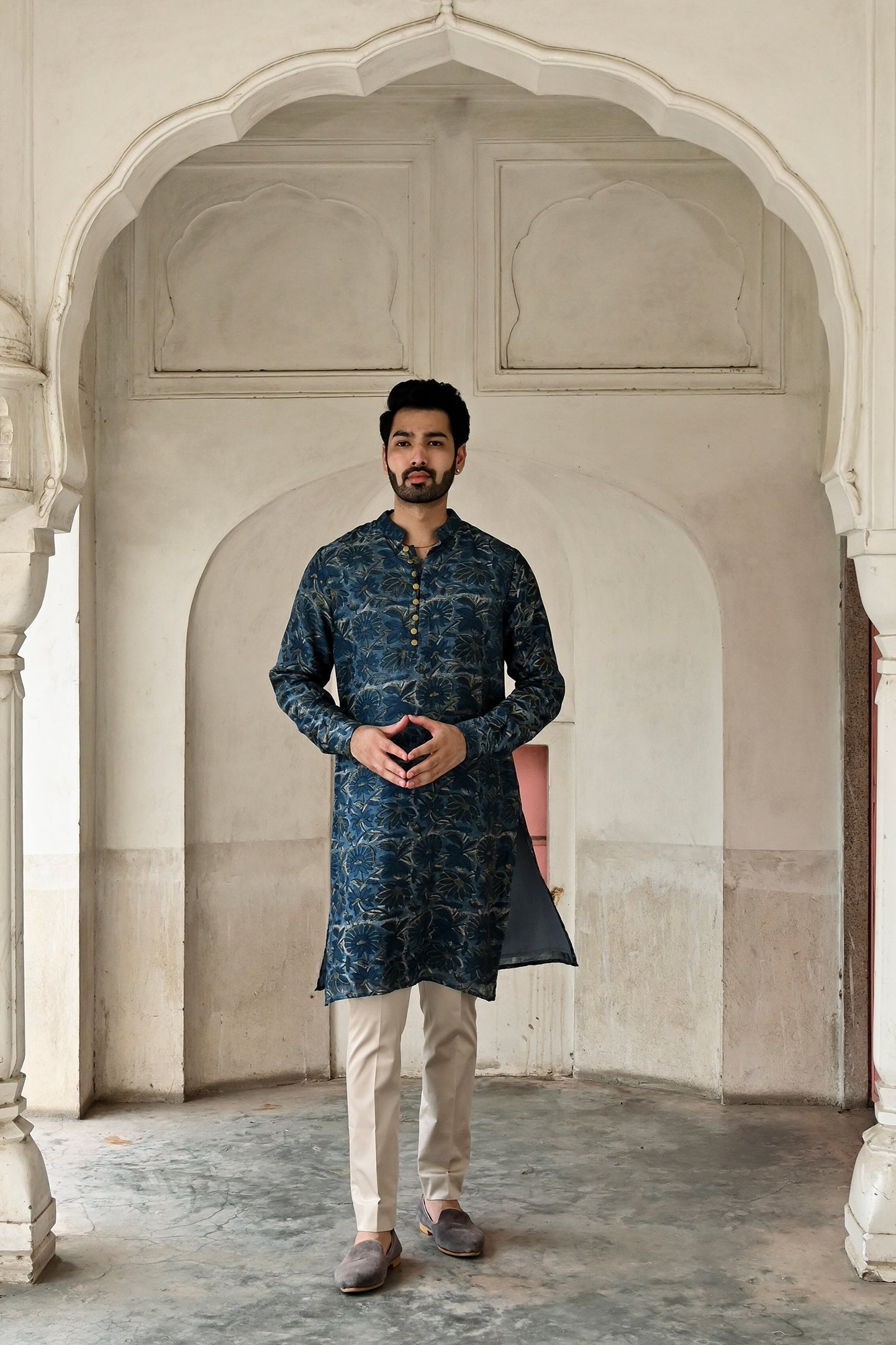 designer blue Chanderi silk kurta set for men online