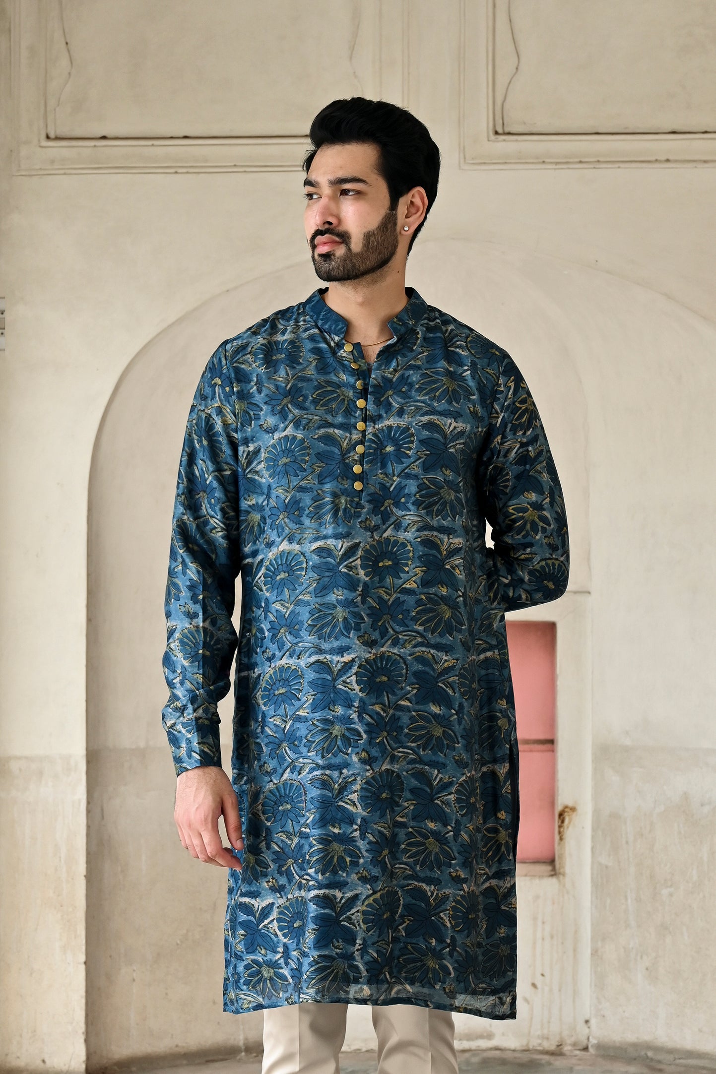 Blue color Chanderi silk kurta set for men