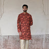 Bold brick red moda silk kurta set for groom