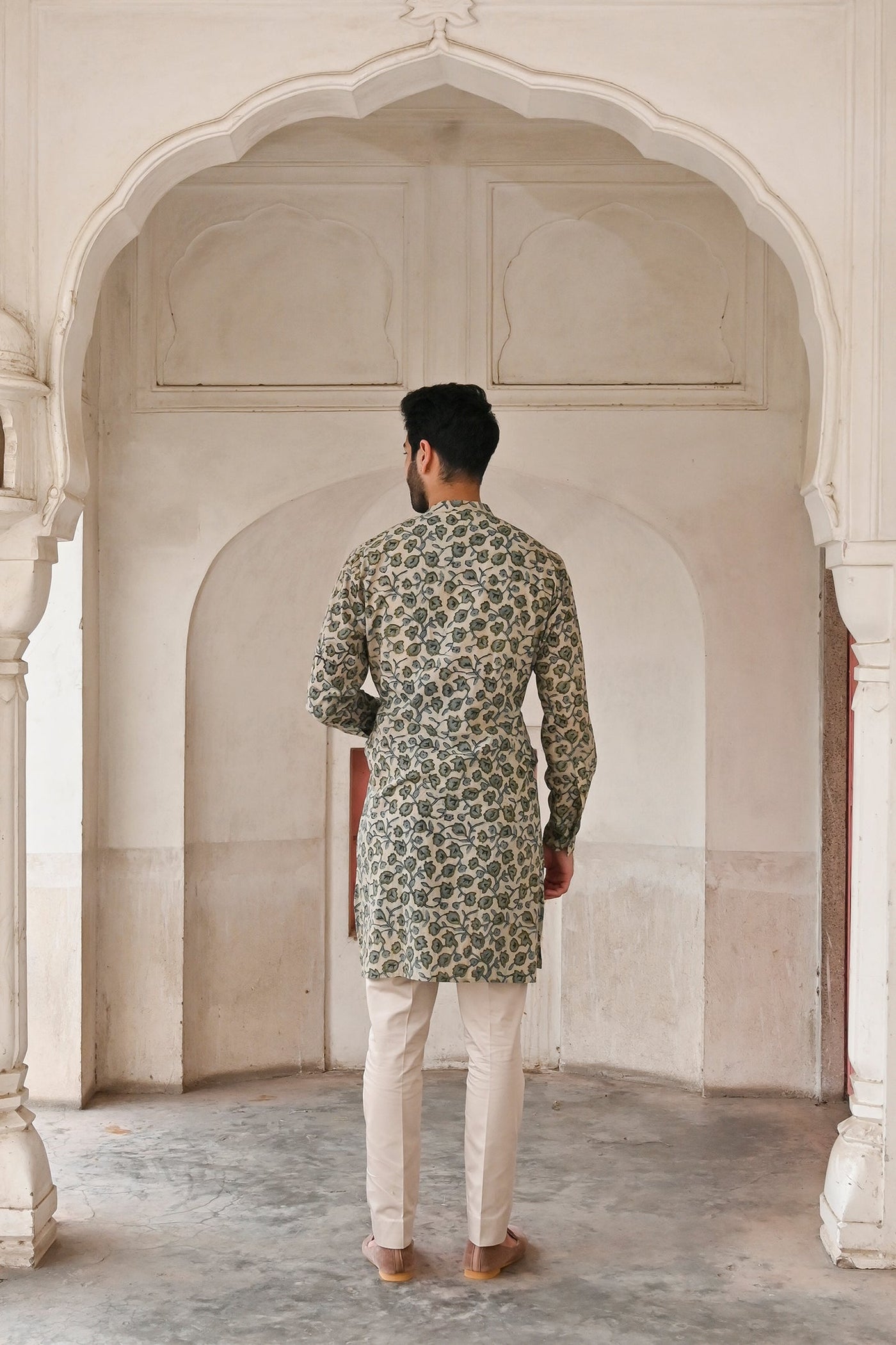 Buy designer kurta set for men in grey silk