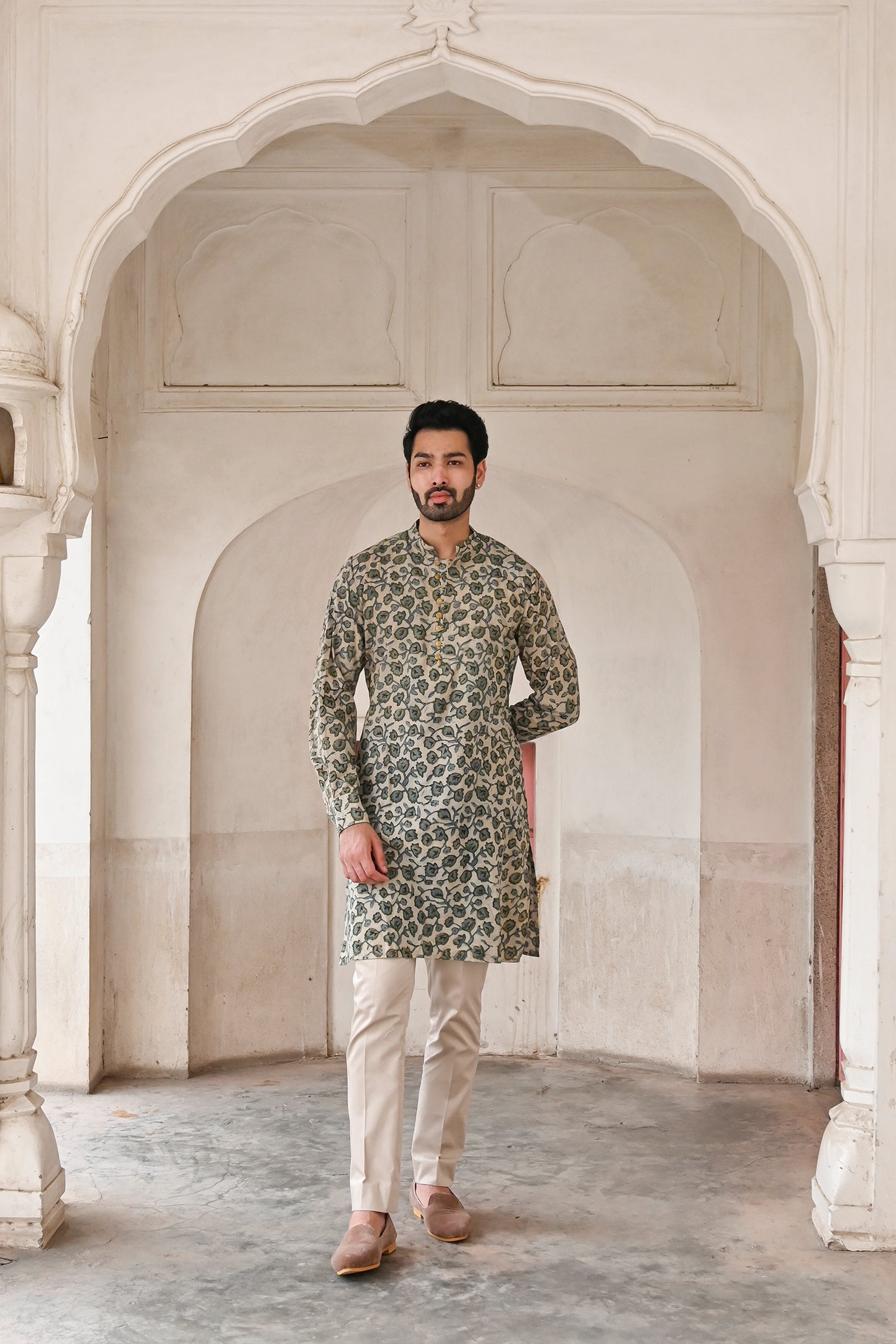 Grey designer silk kurta set for men