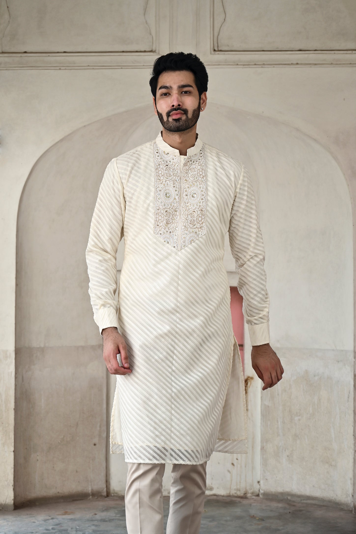 Traditional off white kurta for groom
