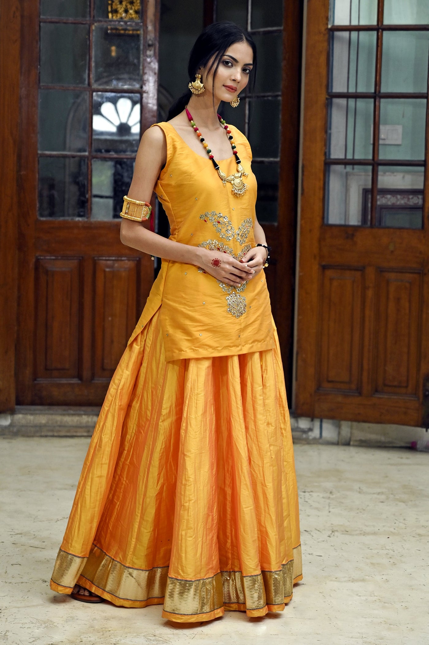  Buy designer lehenga set with Orche Yellow organza online in india