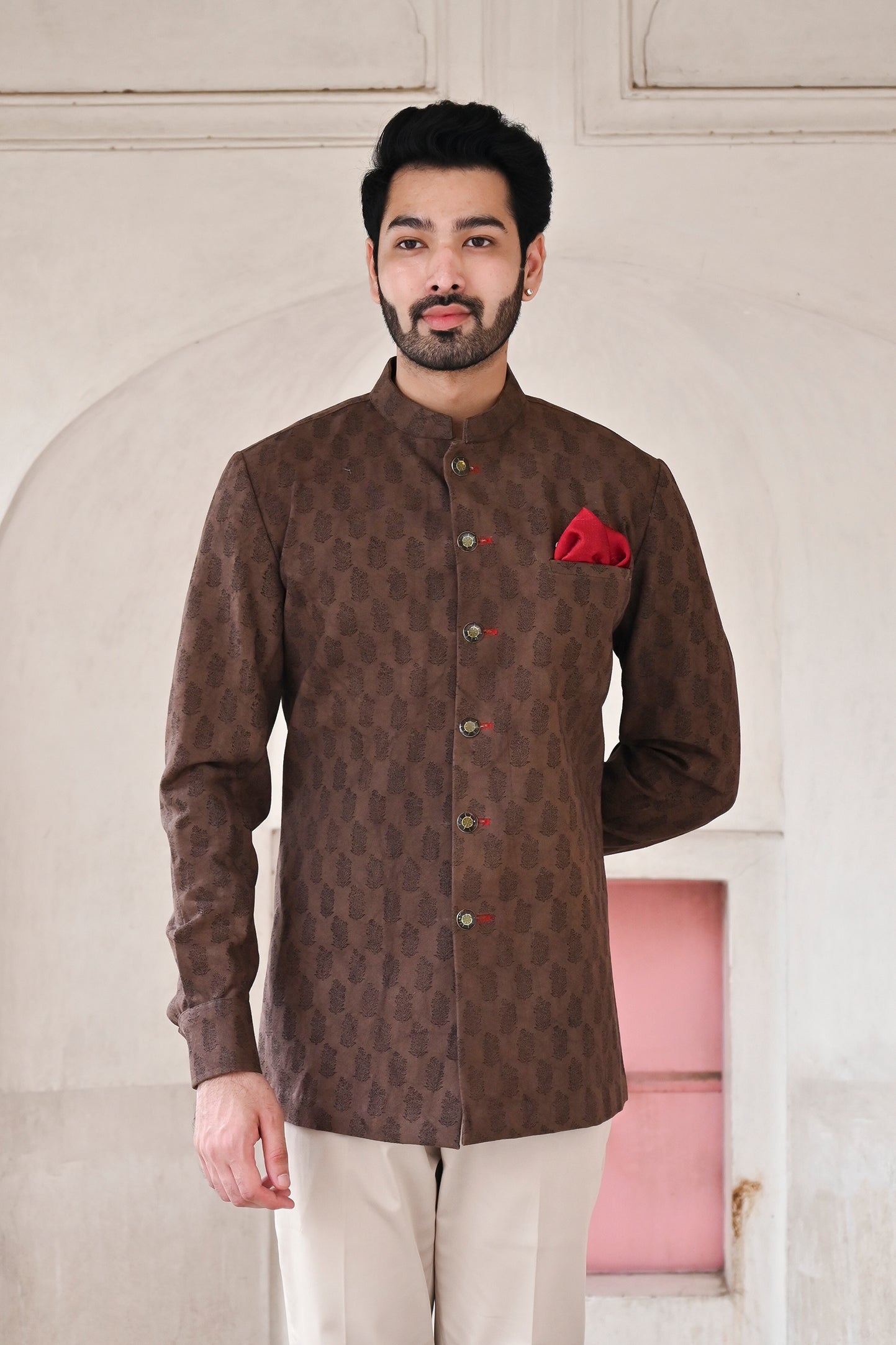 Brown Bandhgala shirt with hand block print for men