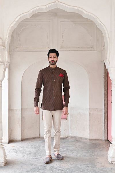 men's brown hand block print Bandhgala shirt online