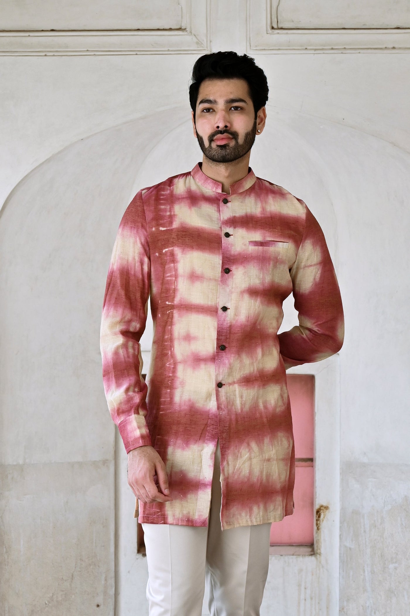 Buy now men's designer coral dip dye mandarin collar kurta set
