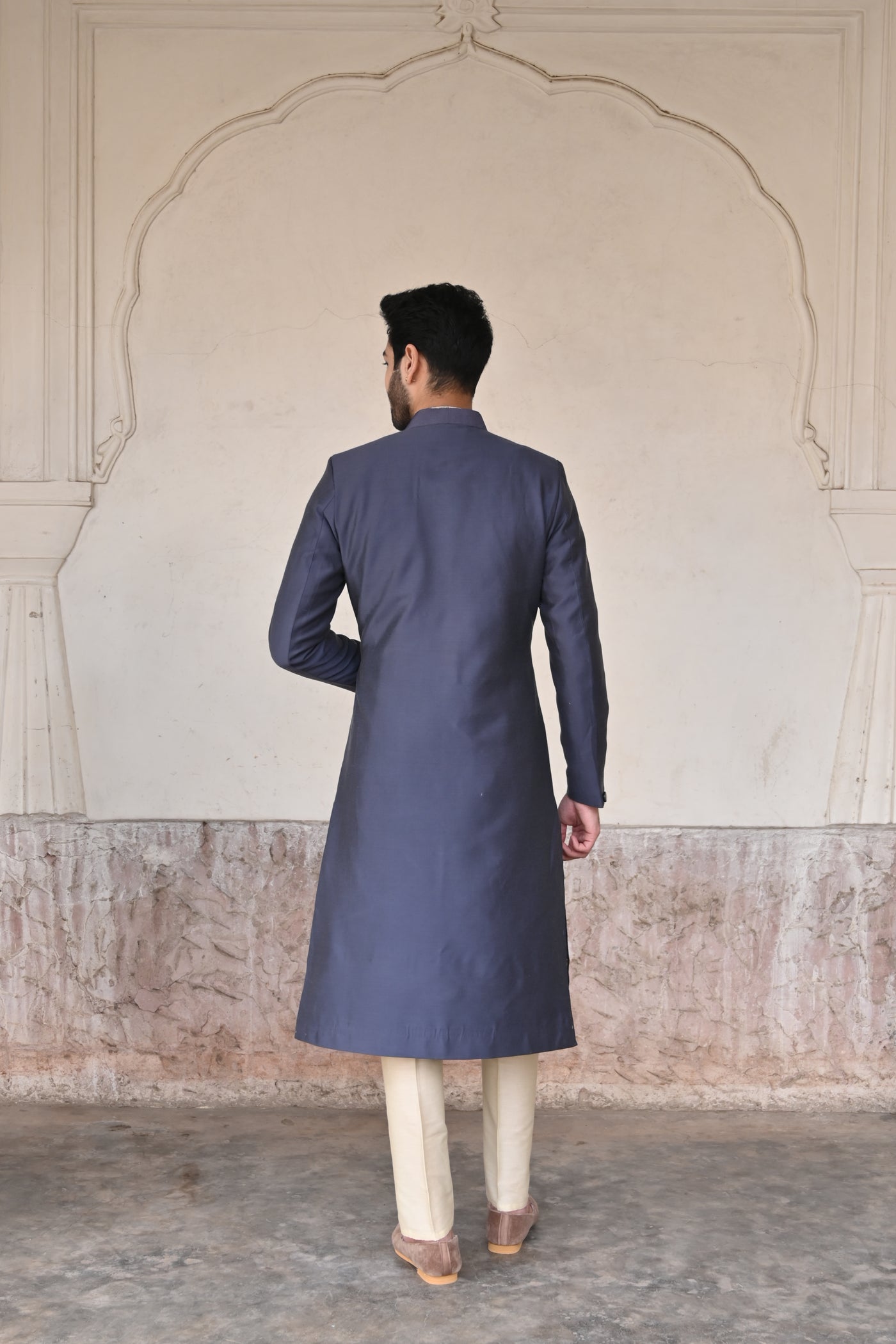 Custom-made summer silk deep blue sherwani set for men online