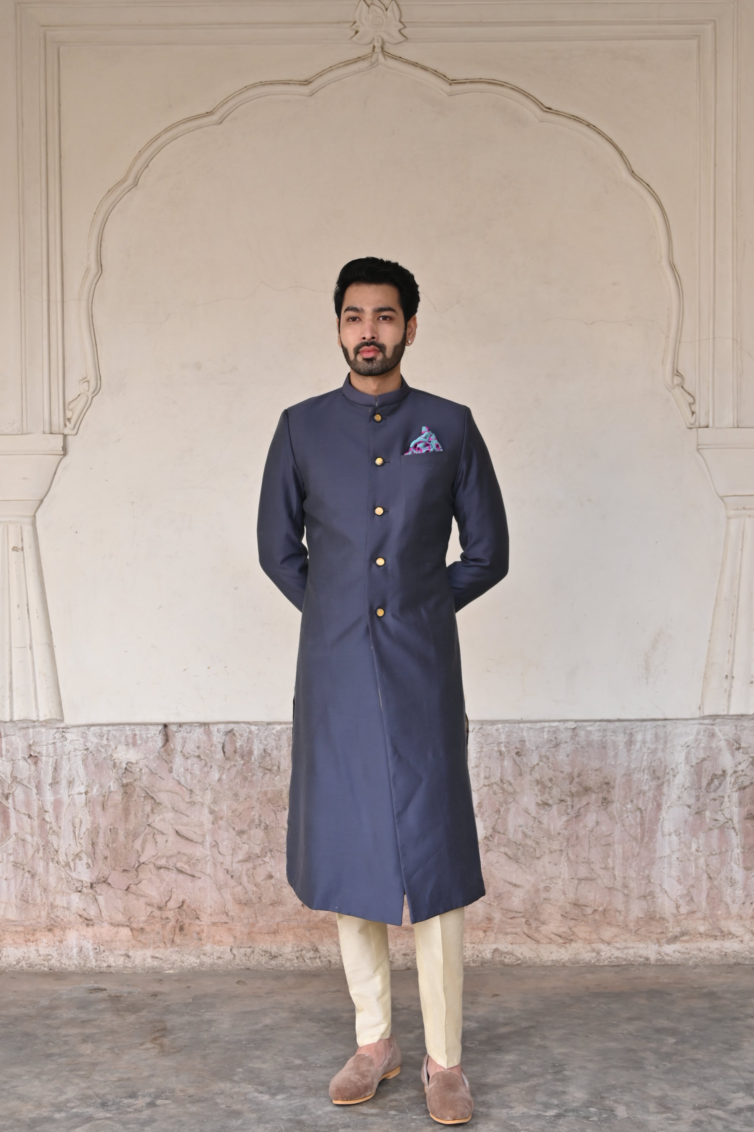 Exclusive deep blue silk sherwani for groom online