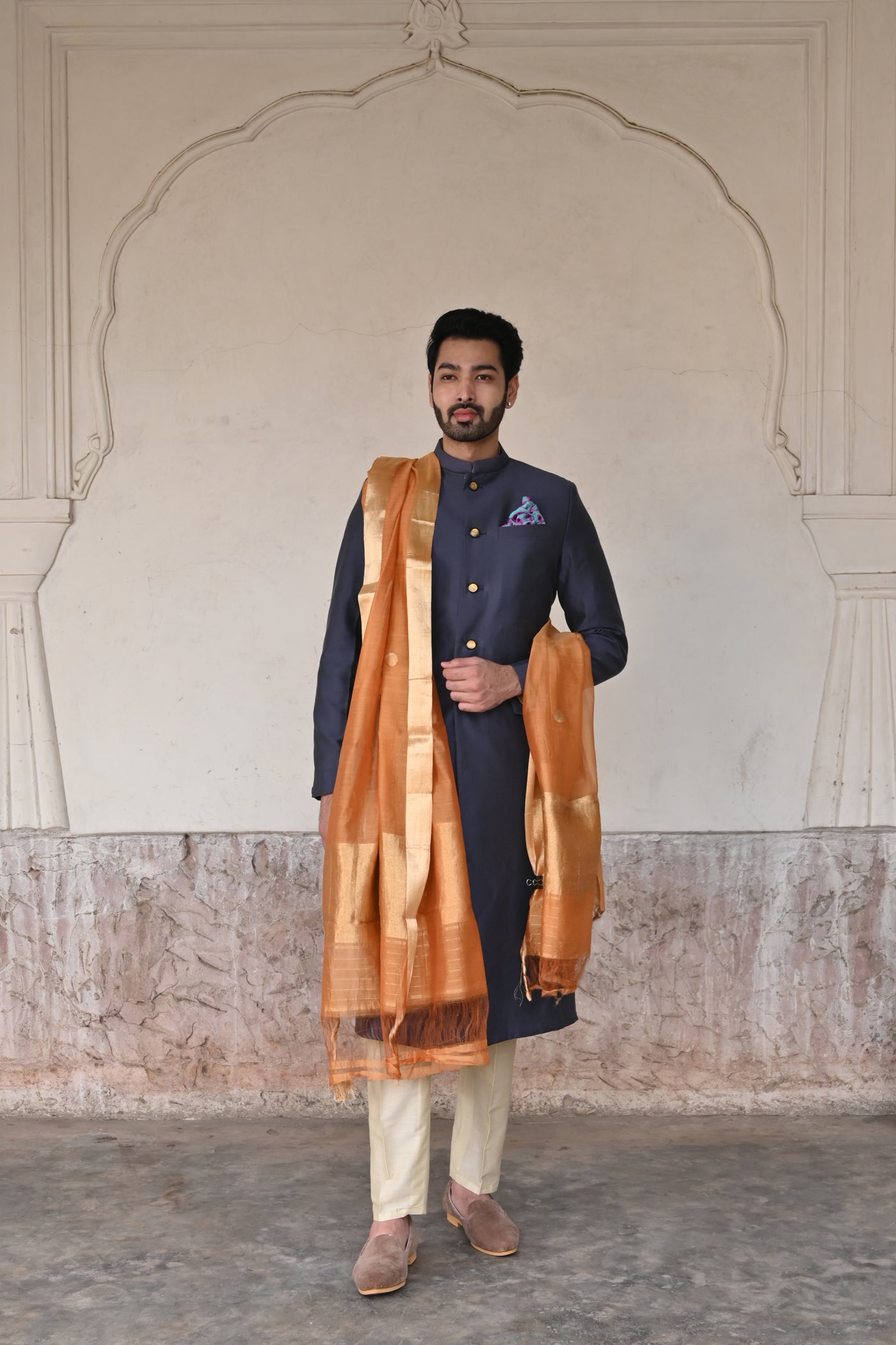 Elegant deep blue silk sherwani for groom online