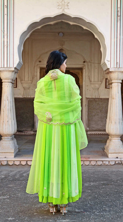 Green Anarkali suit with floral design